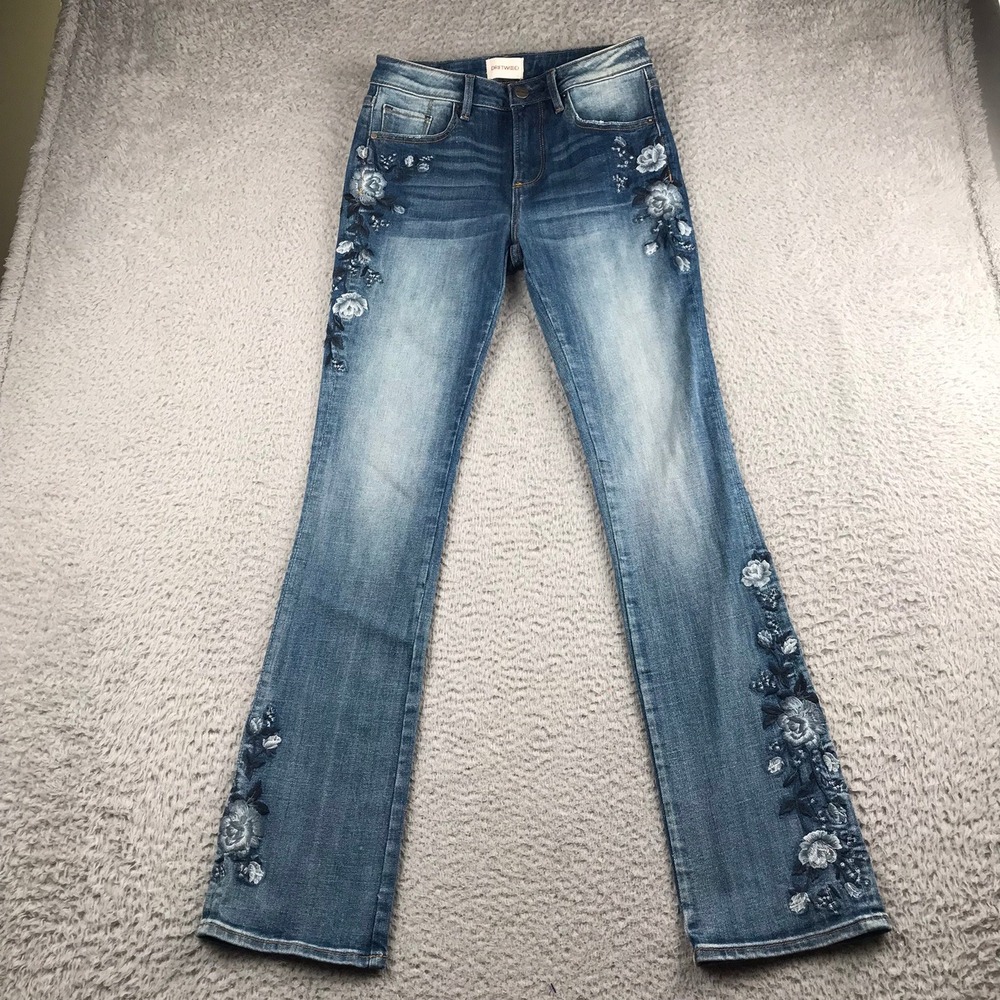 Driftwood Kelly Jeans Women 24 (27x31) Blue Floral Embroidered Bootcut Denim